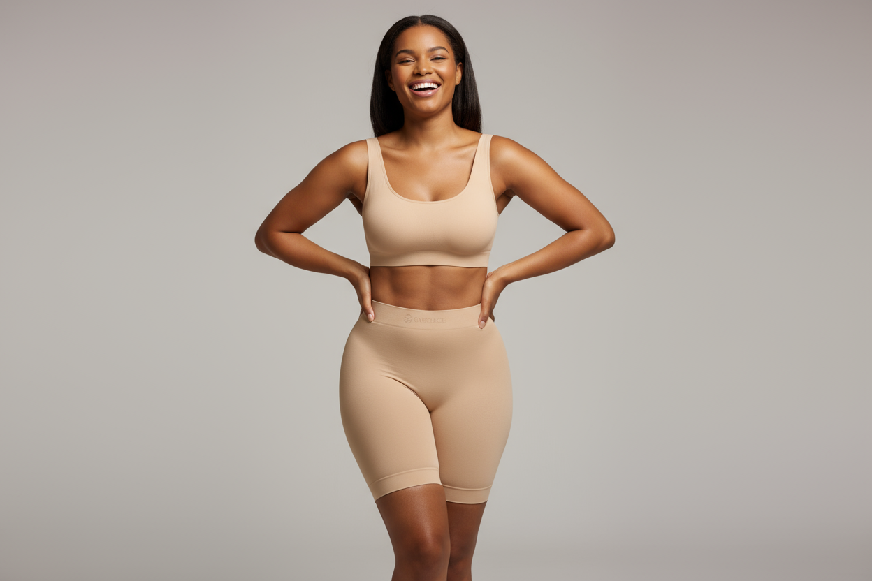 model smiling wearing a shape wear 